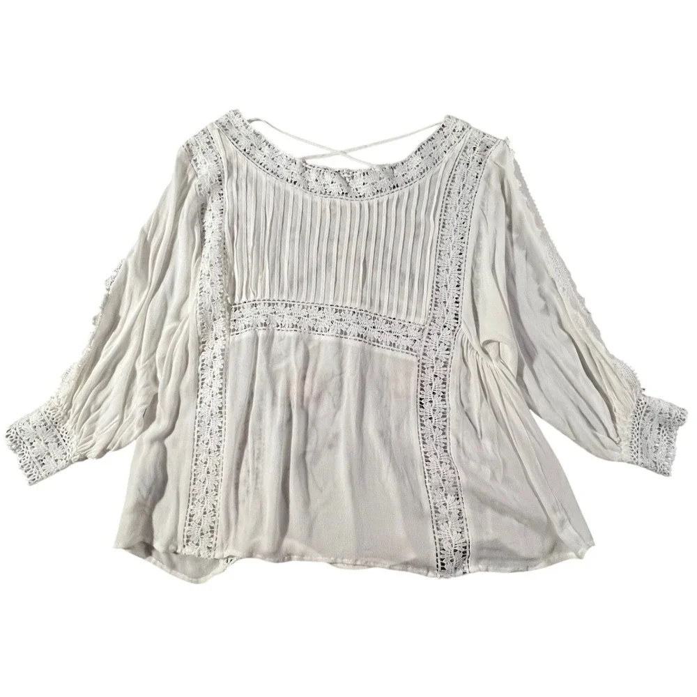 POL Embroidered Floral Lace Blouse Women S White WFT45 Boho Crochet Pintuck Top - Picture 3 of 9